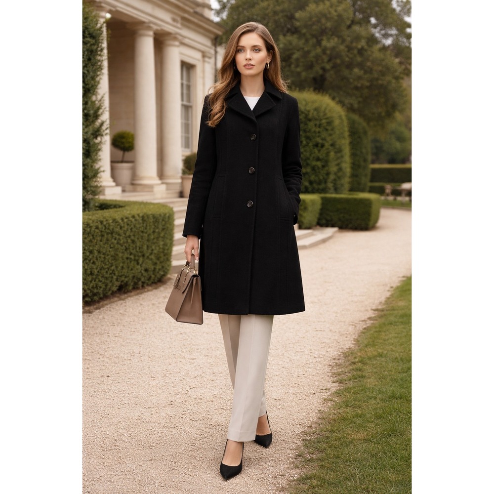 Anne Klein Wool Cashmere Walking Coat Black‎ 10 Classic Quiet Luxury Minimalist